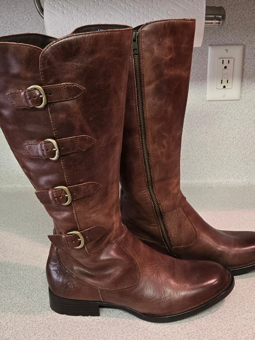 Women's Born Brown Tall Leather Buckle Riding Boots D76016, Size 8.5M